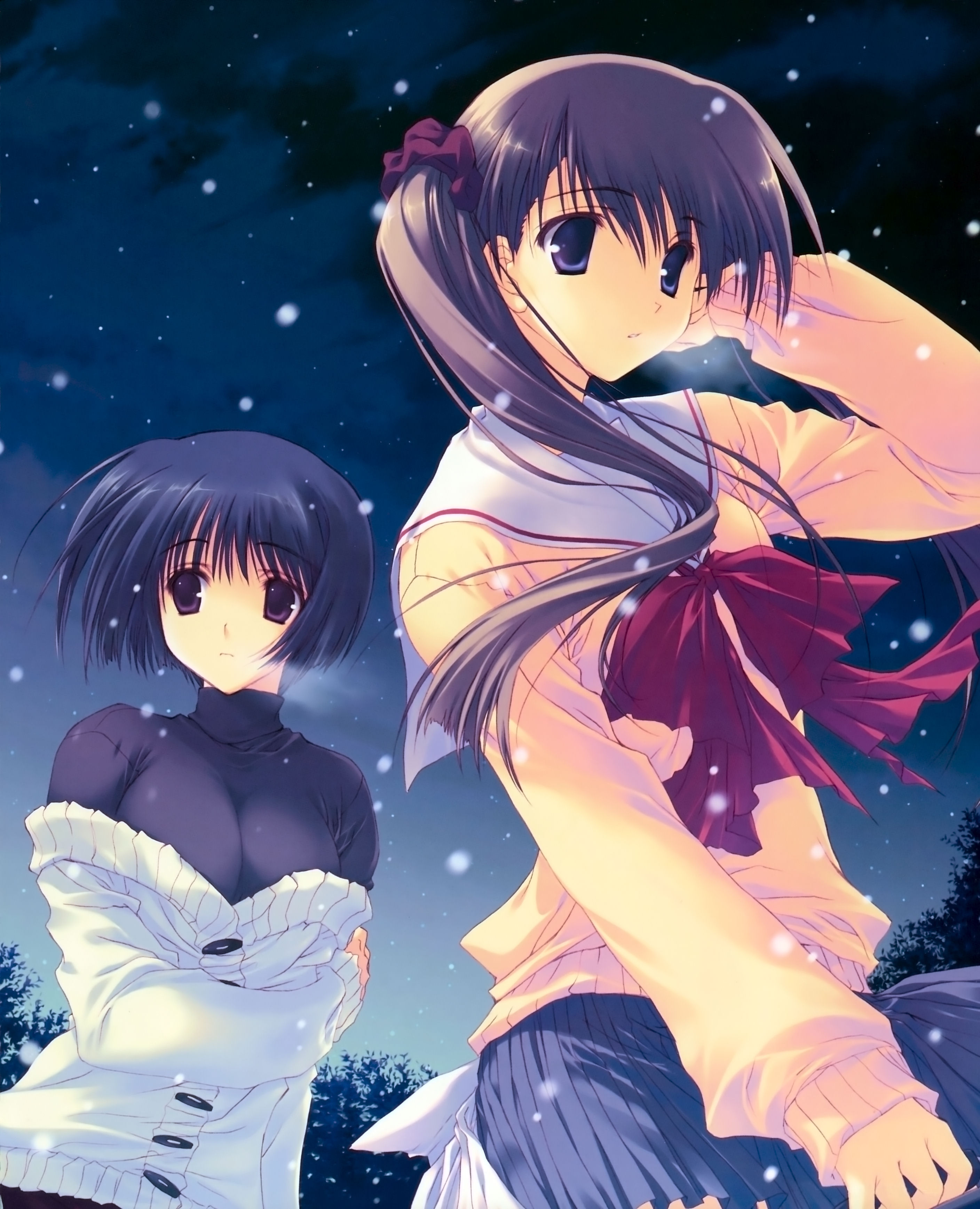 amazuyu tatsuki, mitsumi misato, asou asuna, sumadera yukio, tenshi no inai 12-gatsu, absurdres, highres, 2girls, blue eyes, blue hair, bow, breasts, brown hair, cleavage, multiple girls, purple eyes, school uniform, snow, twintails