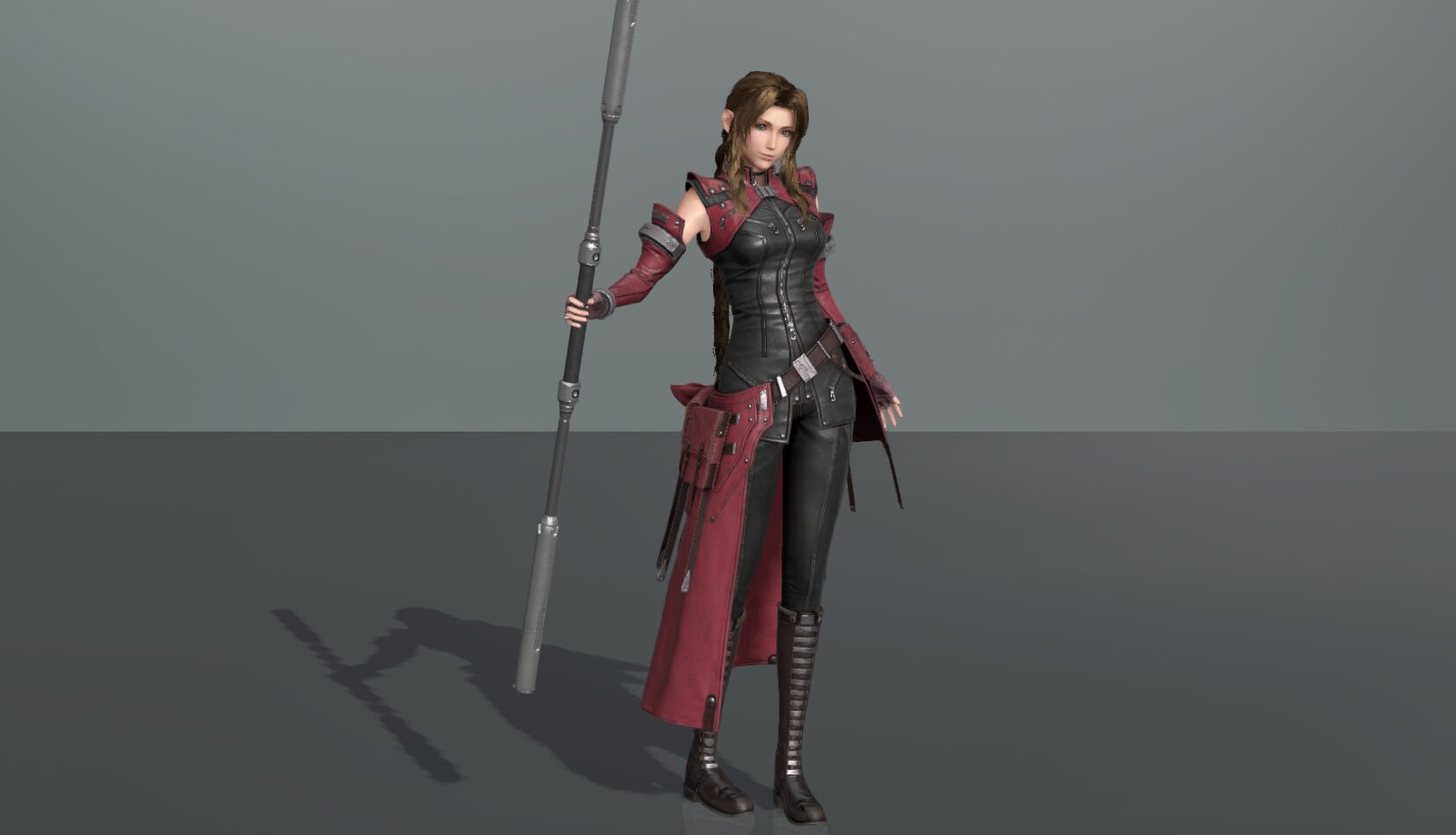 aerith gainsborough, aerith gainsborough (rosy battle suit), final fantasy, final fantasy vii, final fantasy vii ever crisis, highres, official art, 1girl, black boots, black choker, black pants, black vest, boots, braid, breasts, brown hair, cape, choker, closed mouth, detached sleeves, fingerless gloves, full body, gloves, grey background, holding, holding staff, long hair, medium breasts, official alternate costume, pants, parted bangs, red cape, red gloves, red sleeves, sidelocks, single braid, solo, staff, standing, vest, waist cape