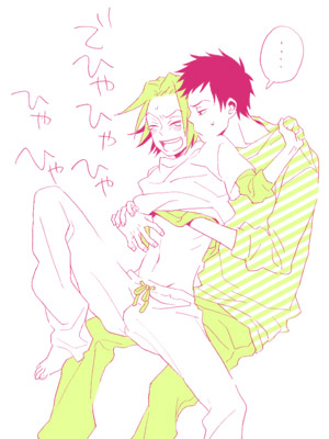 gokudera hayato, yamamoto takeshi, katekyo hitman reborn!, lowres, 00s, 2boys, 8059, abs, laughing, male focus, multiple boys, spot color, tickling, undressing, white background, yaoi
