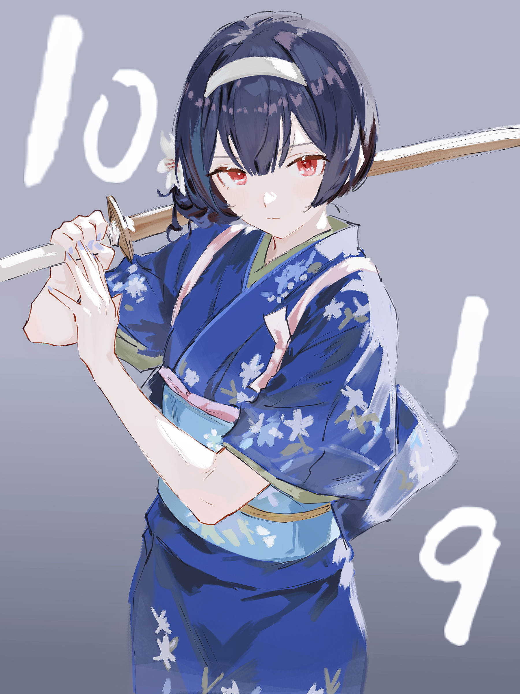 cobwvmeti, morino rinze, idolmaster, idolmaster shiny colors, absurdres, hashtag-only commentary, highres, 1girl, black hair, blue kimono, blue sash, bokken, closed mouth, dated, fingernails, floral print, floral print kimono, flower, gradient background, grey background, grey nails, hair bun, hair flower, hair ornament, hairband, hands up, holding, holding sword, holding weapon, japanese clothes, kimono, looking at viewer, nail polish, obi, obiage, obijime, print kimono, red eyes, sash, serious, short hair, short sleeves, single hair bun, single side bun, solo, standing, sword, tasuki, weapon, white flower, white hairband, wooden sword