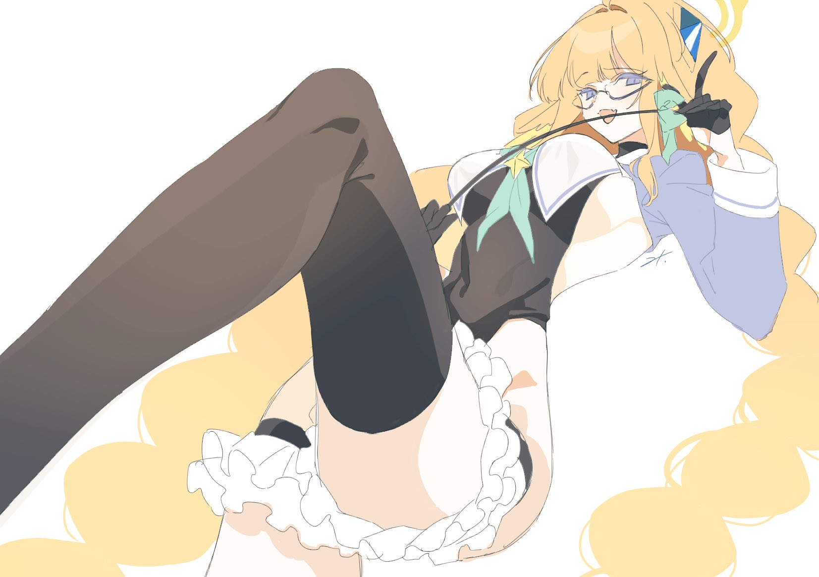 mitsuhashitaeko, shimiko (blue archive), shimiko (magical) (blue archive), blue archive, braided twintails, highres, 1girl, backless leotard, black leotard, blue shrug, braid, gloves, half gloves, halo, holding, holding riding crop, leotard, riding crop, shrug (clothing), solo, super highleg, yellow halo