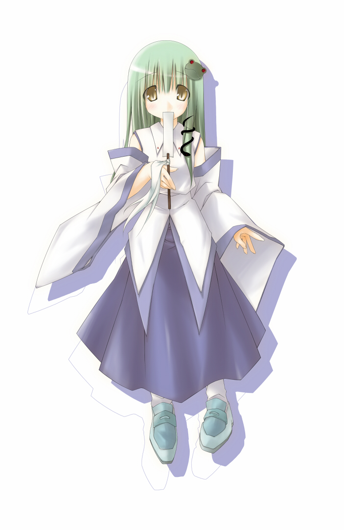 mizuno minato, kochiya sanae, touhou, 1girl, detached sleeves, female focus, full body, japanese clothes, miko, solo, white background