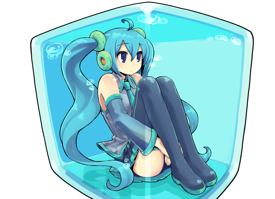 chan co, hatsune miku, vocaloid, aqua eyes, aqua hair, box, cube, detached sleeves, full body, headphones, in box, in container, long hair, necktie, skirt, solo, thighhighs, twintails, very long hair