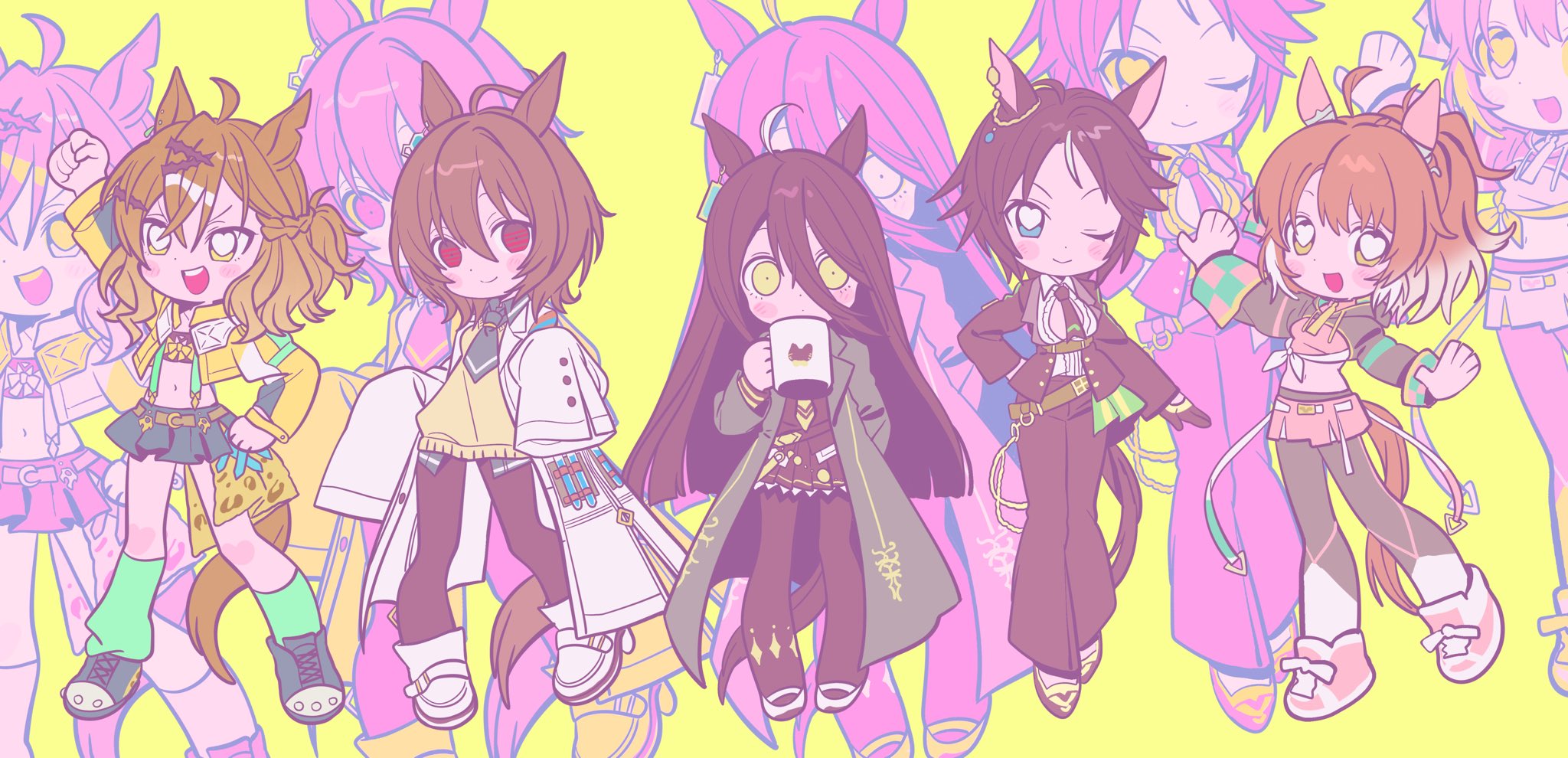 betti (xx betti), agnes tachyon (tach-nology) (umamusume), agnes tachyon (umamusume), dantsu flame (umamusume), fuji kiseki (shooting star revue) (umamusume), fuji kiseki (umamusume), jungle pocket (champion's battle cry) (umamusume), jungle pocket (umamusume), manhattan cafe (creeping black) (umamusume), manhattan cafe (umamusume), umamusume, highres, 5girls, ;), animal ears, black jacket, black pants, black pantyhose, blue shoes, blue skirt, chibi, coat, cup, dantsu flame (center spotlight) (umamusume), full body, holding, holding cup, horse ears, horse girl, jacket, legs apart, long hair, medium hair, multiple girls, navel, one eye closed, open mouth, outstretched arms, pants, pantyhose, shoes, skirt, smile, white coat, yellow background