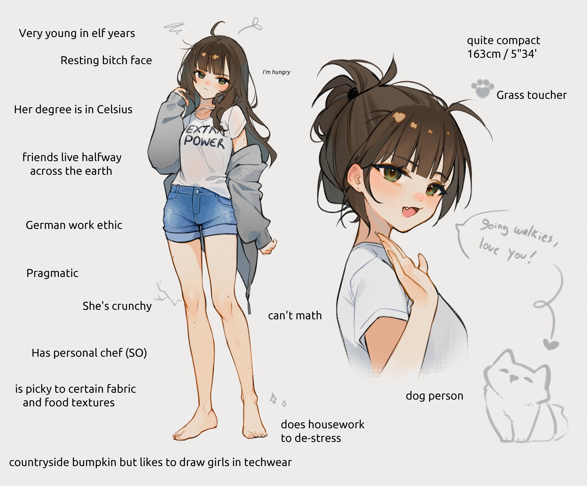 hyanna-natsu, original, commentary, english commentary, highres, 1girl, ahoge, barefoot, blush, breasts, brown hair, closed mouth, clothes writing, denim, denim shorts, english text, fang, from side, frown, full body, green eyes, grey jacket, hair bun, jacket, long hair, looking at viewer, messy hair, multiple views, off shoulder, open clothes, open jacket, open mouth, shirt, shorts, simple background, single hair bun, small breasts, smile, solo, standing, sweatdrop, t-shirt, upper body, waving, white background