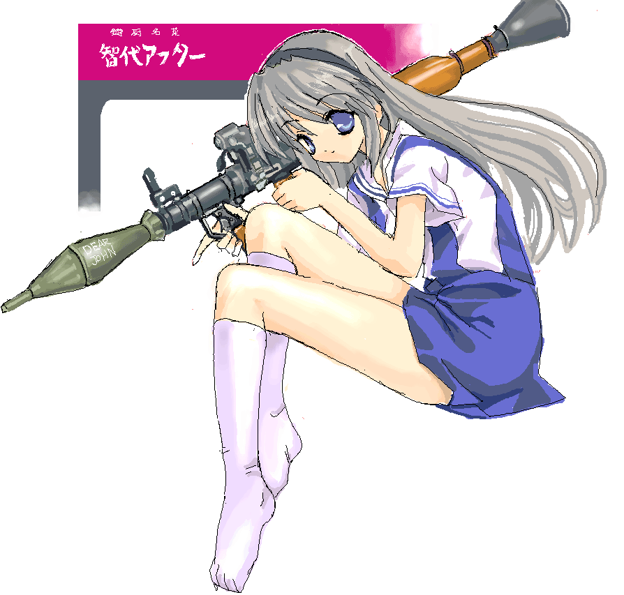 toshi (little-fluffy-cloud), sakagami tomoyo, clannad, tomoyo after, silver hair, 00s, 1girl, blue eyes, feet, female focus, hairband, high-explosive anti-tank (warhead), kneehighs, long hair, man-portable anti-tank systems, oekaki, rocket-propelled grenade, rocket (projectile), rocket launcher, rpg, rpg-7, rpg (weapon), school uniform, socks, solo, weapon, white socks