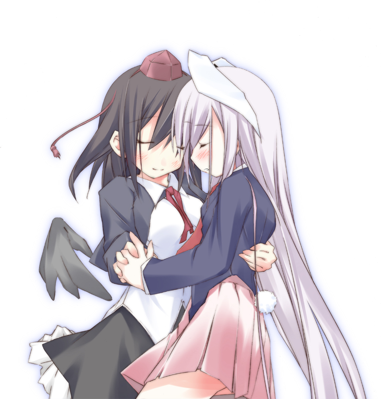 mizuno minato, reisen udongein inaba, shameimaru aya, touhou, 2girls, animal ears, arm around waist, black hair, black wings, blush, closed eyes, couple, detached wings, female focus, formal clothes, hat, holding hands, interlocked fingers, long hair, miniskirt, multiple girls, pink hair, rabbit ears, rabbit tail, skirt, tail, tokin hat, very long hair, wings, yuri