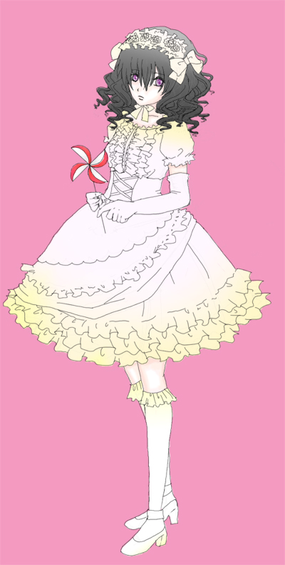 pantera, katekyo hitman reborn!, tagme, 00s, 1girl, black hair, dress, fashion, full body, hime lolita, lolita fashion, pale skin, pink background, standing, weathercock, white dress