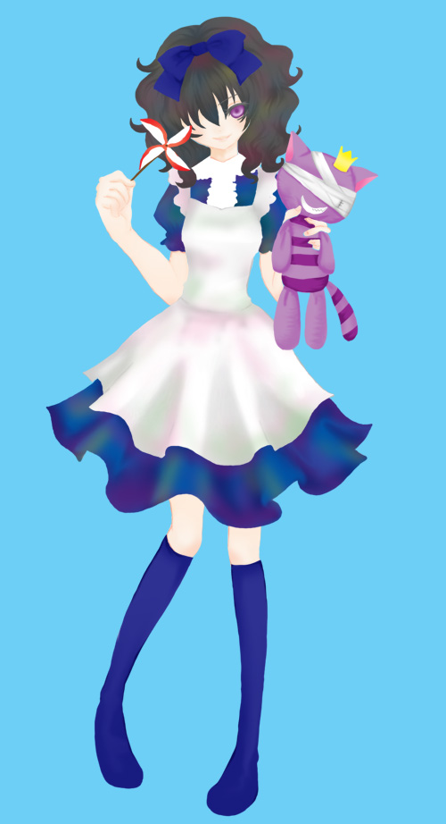 belphegor (umineko), pantera, alice's adventures in wonderland, black hair, cosplay, crown, doll, dress, pinwheel, purple eyes, simple background