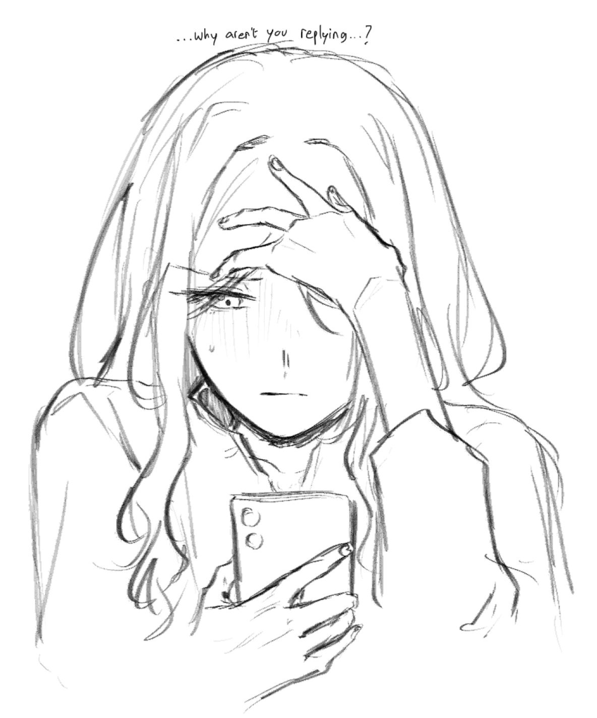 niigouki, nagasaki soyo, bang dream!, bang dream! it's mygo!!!!!, highres, 1girl, blush, closed mouth, greyscale, hand on own forehead, long hair, monochrome, sidelocks, simple background, solo, sweatdrop, upper body, white background