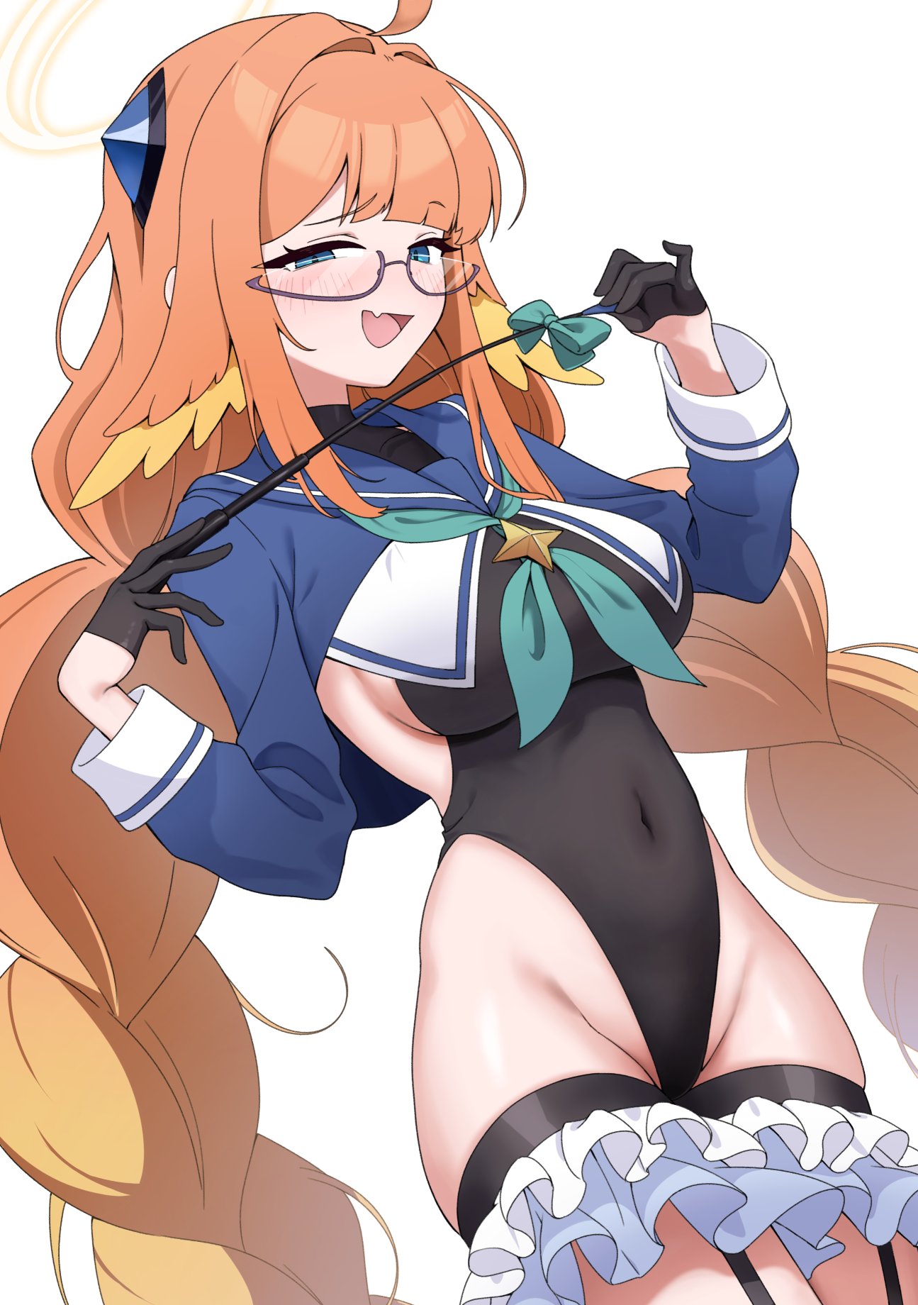 meruki, shimiko (blue archive), shimiko (magical) (blue archive), blue archive, braided twintails, highres, 1girl, black leotard, blue shrug, braid, crotchless, crotchless leotard, gloves, half gloves, halo, holding, holding riding crop, leotard, looking at viewer, riding crop, shrug (clothing), solo, super highleg, yellow halo