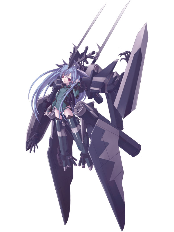 jak, original, blue hair, long hair, mecha musume, red eyes, solo, sword, weapon