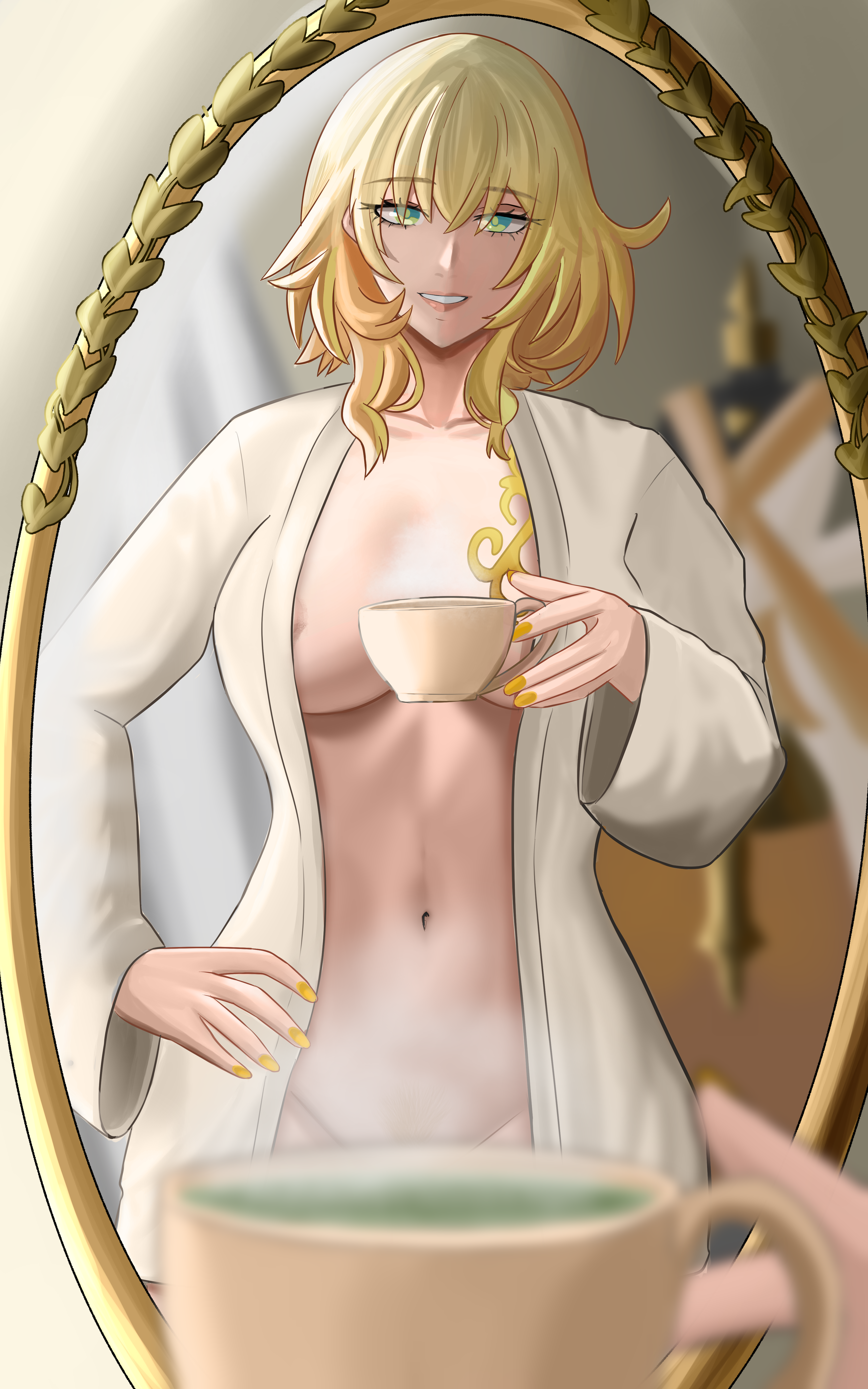 aglaea (honkai: star rail), honkai: star rail, honkai (series), 1girl, bathrobe, blonde hair, breasts, cup, green eyes, hand on own hip, large breasts, looking at mirror, midriff, mirror, nail polish, nipple slip, nipples, pov, robe, short hair, smile, solo, steam, tattoo, winterlynx