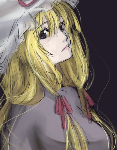 kintaro, yakumo yukari, touhou, bad id, bad pixiv id, 1girl, blonde hair, breasts, female focus, hair ribbon, hat, long hair, ribbon, solo, upper body