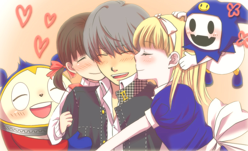 ebimayo, alice (megami tensei), doujima nanako, jack frost (megami tensei), kuma (persona 4), narukami yu, atlus, persona, persona 4, 2boys, 2girls, blonde hair, blush, brown hair, closed eyes, crossdressing, grey hair, heart, hug, multiple boys, multiple girls, puffy sleeves, ribbon, roman numeral, twintails
