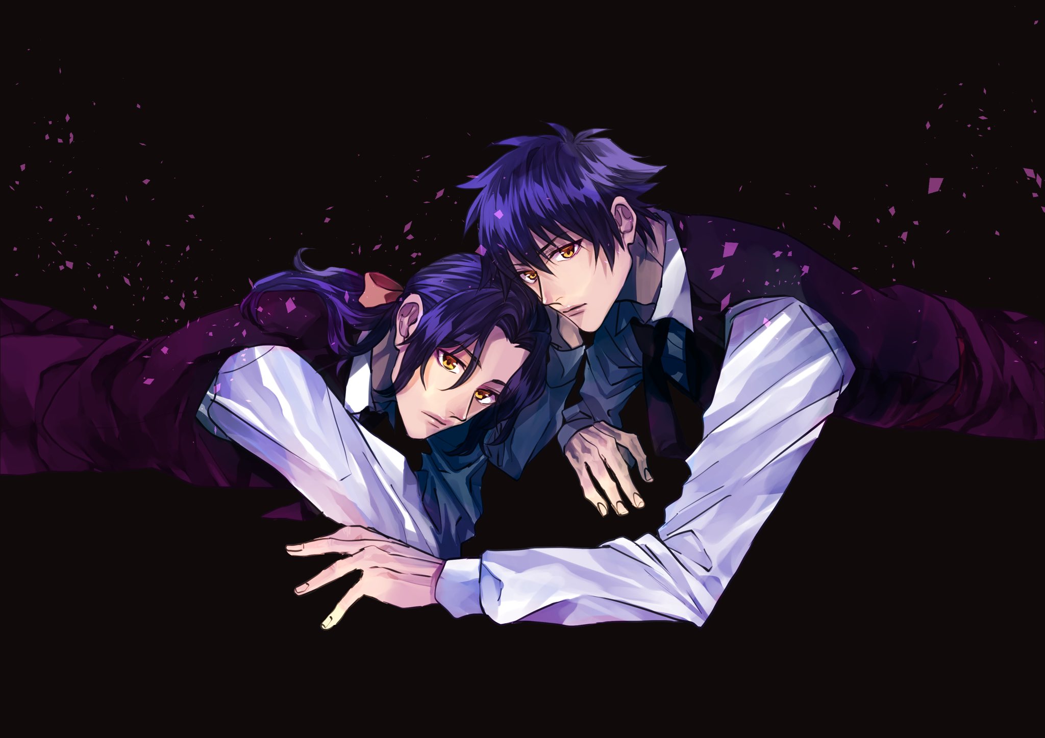 mana walker, d.gray-man, highres, 2boys, black background, brothers, collared shirt, dress shirt, falling petals, hair between eyes, hair ribbon, koshian (mruc9), long hair, looking at viewer, low ponytail, lying, male focus, messy hair, multiple boys, nea d campbell, necktie, noah (d.gray-man), on stomach, parted bangs, petals, pink ribbon, ponytail, purple hair, purple necktie, purple petals, purple vest, ribbon, shirt, short hair, siblings, sidelocks, twins, vest, white shirt, yellow eyes