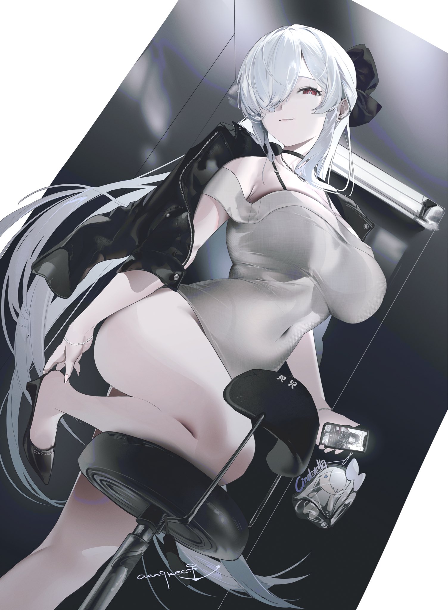 cinderella (beautiful me) (nikke), cinderella (nikke), goddess of victory: nikke, commentary, english commentary, highres, 1girl, aen9kec, cellphone charm, character charm, charm (object), dongtan dress, dress, grey dress, holding, holding phone, jacket, jacket on shoulders, official alternate costume, panties visible through clothes, phone, solo, taut clothes, taut dress