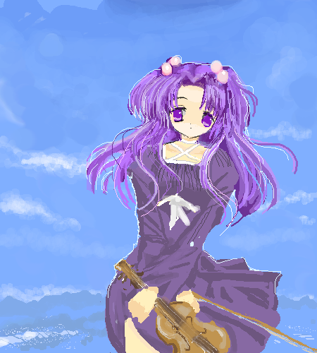 toshi (little-fluffy-cloud), ichinose kotomi, clannad, lowres, 00s, blue eyes, blue hair, dress, hair bobbles, hair ornament, instrument, long hair, oekaki, solo, twintails, two side up, violin