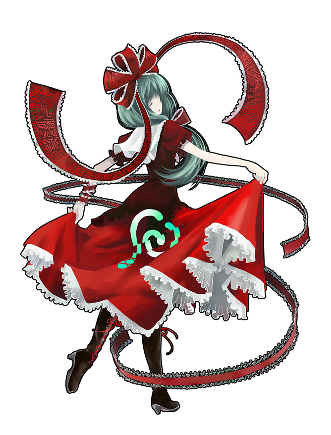 kintaro, kagiyama hina, touhou, bad id, bad pixiv id, 1girl, boots, female focus, front ponytail, green hair, hair ribbon, high heel boots, high heels, lace-up boots, ribbon, shoes, skirt hold, solo