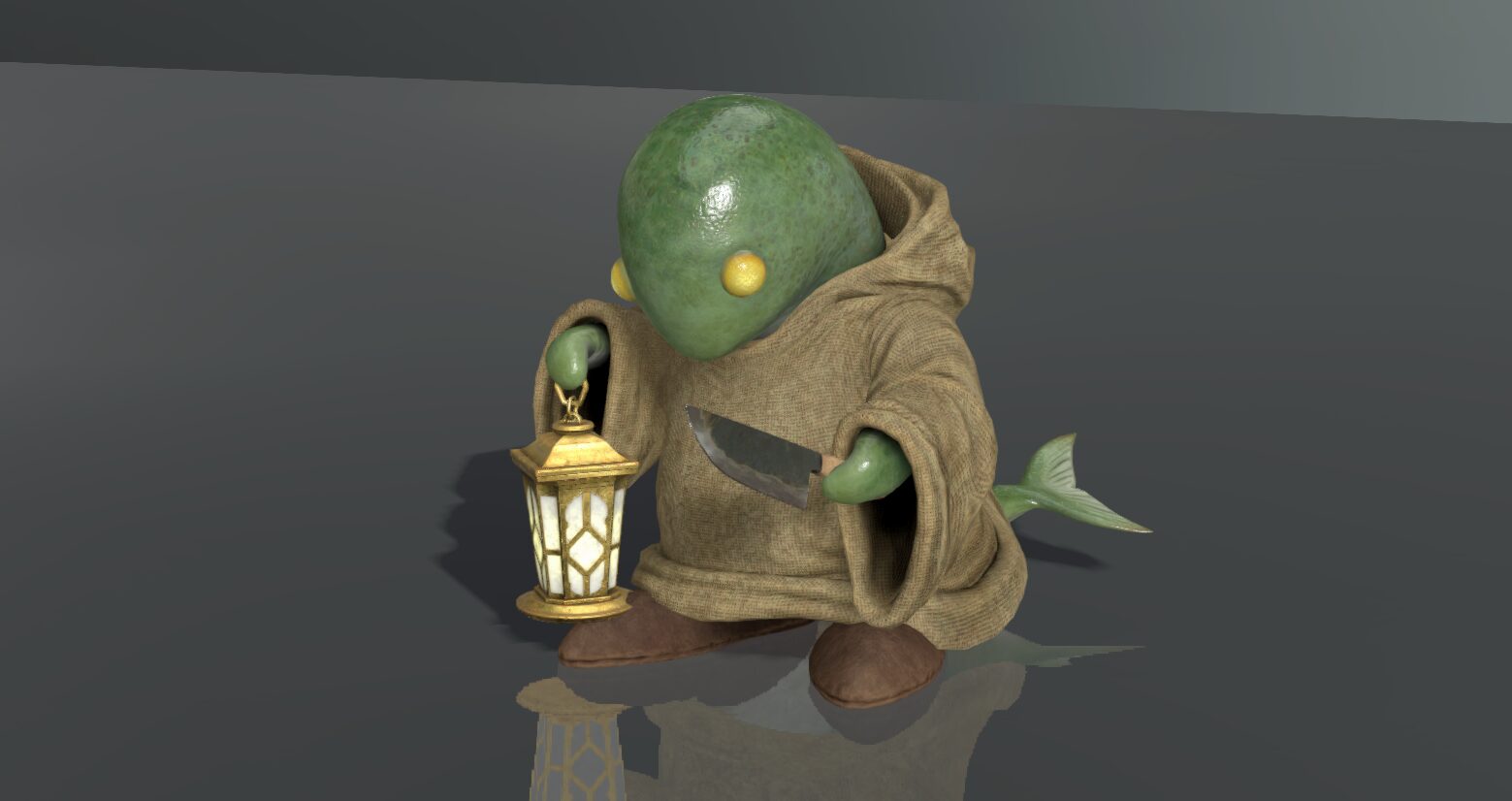 tonberry, final fantasy, final fantasy vii, final fantasy vii ever crisis, official art, 3d, boots, brown boots, colored skin, creature, fins, fish tail, full body, green skin, grey background, grey robe, holding, holding knife, holding lantern, hood, hood down, hooded robe, knife, lantern, monster, no humans, robe, tail, yellow eyes