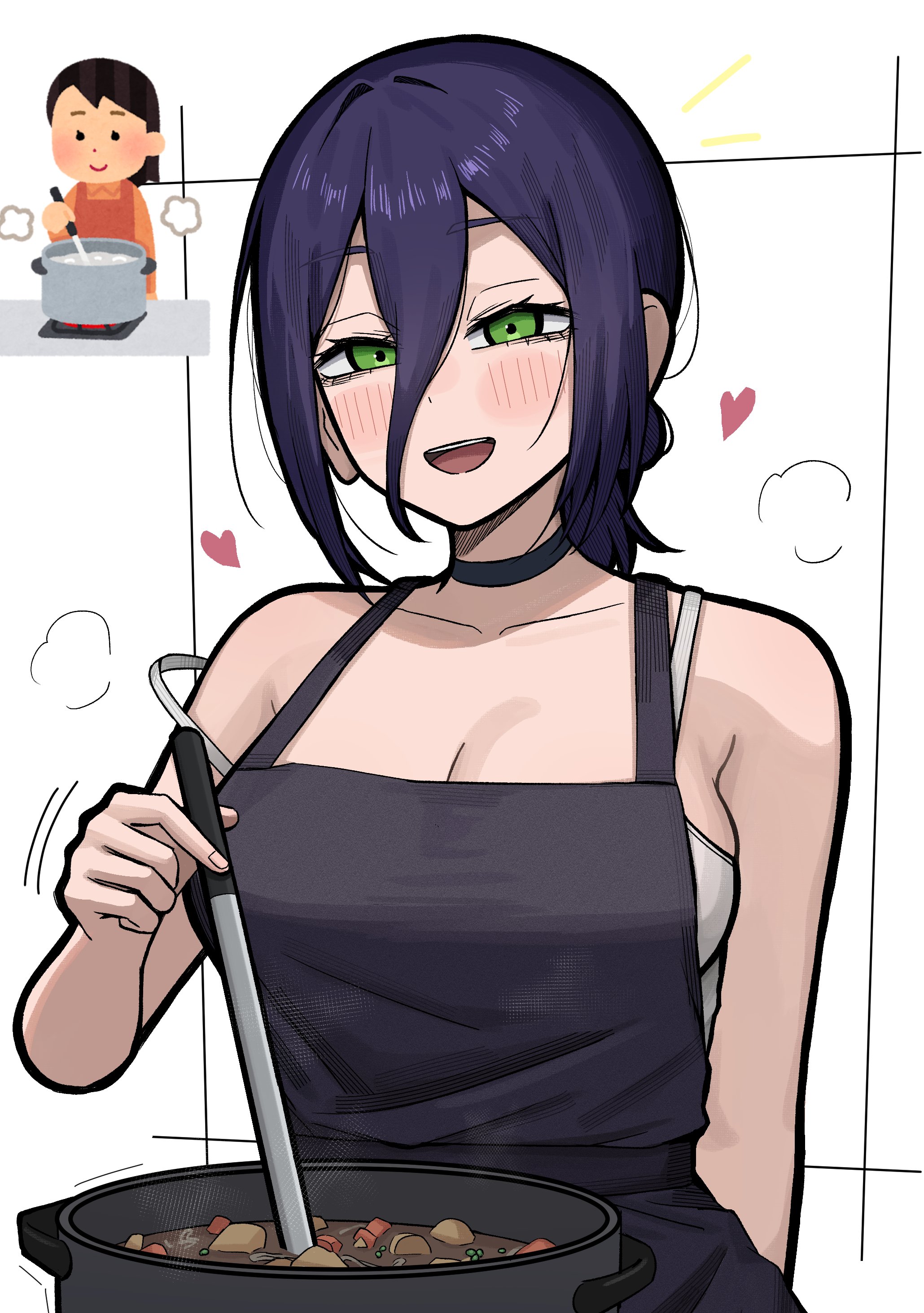 aguxxxuu, reze (chainsaw man), chainsaw man, irasutoya, absurdres, commentary, english commentary, highres, apron, black apron, breasts, cleavage, cooking, green eyes, hair between eyes, heart, holding, holding ladle, irasutoya challenge, ladle, large breasts, medium hair, open mouth, purple hair, reference inset, stew