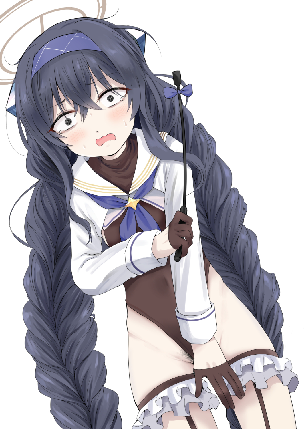 kurona, shimiko (blue archive), shimiko (magical) (blue archive), ui (blue archive), blue archive, braided twintails, highres, 1girl, bags under eyes, black gloves, black hair, black leotard, blue hairband, braid, breasts, brown halo, cosplay, covered navel, crossed bangs, embarrassed, female pubic hair, gloves, hair between eyes, hairband, half gloves, halo, halter leotard, halterneck, holding, holding riding crop, leotard, long sleeves, low twin braids, pubic hair, pubic hair peek, riding crop, shimiko (blue archive) (cosplay), shrug (clothing), small breasts, solo, super highleg, twin braids, white shrug