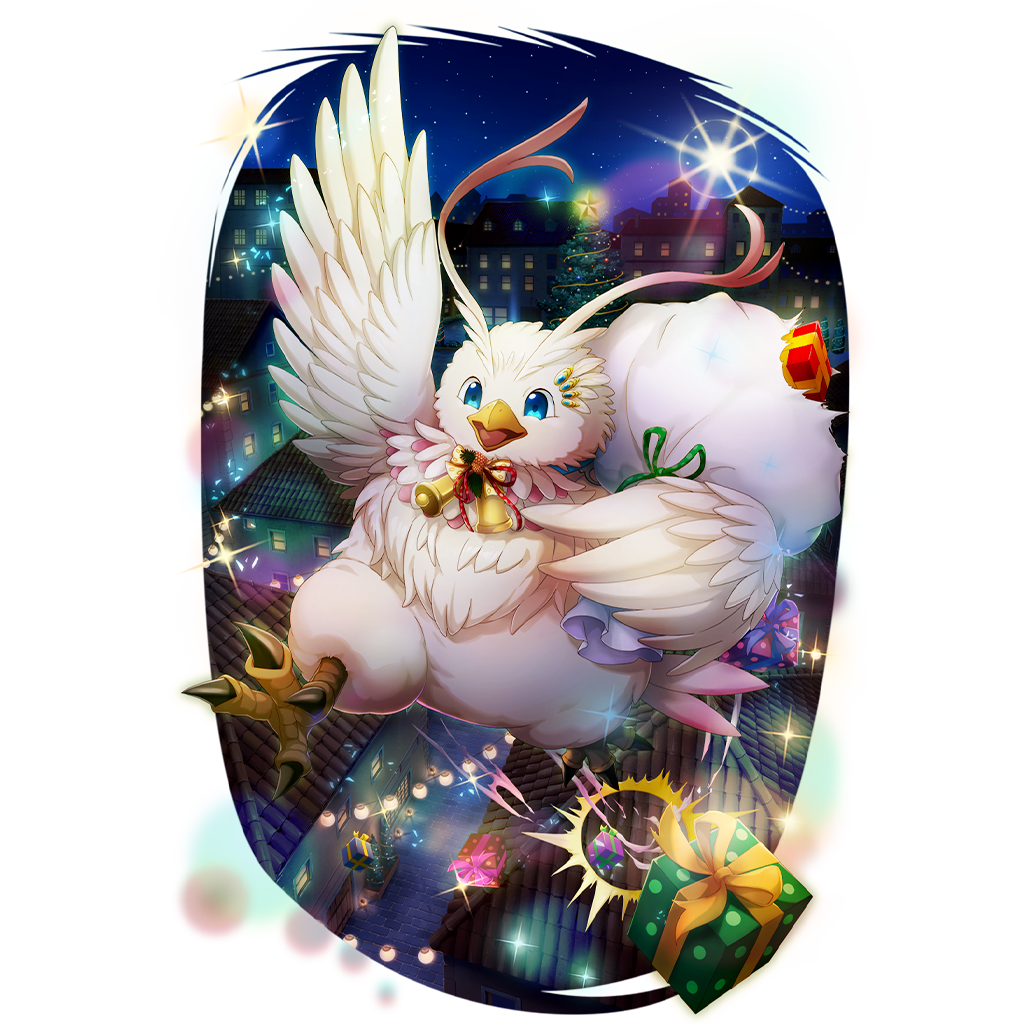 filo (filolial form) (tate no yuusha no nariagari), filo (tate no yuusha no nariagari), tate no yuusha no nariagari, tate no yuusha no nariagari rerise, artist request, game cg, official art, 1other, bag, bell, blue collar, blue eyes, christmas, christmas ornaments, christmas present, christmas tree, city, collar, filolial, floating, full body, gift, holding, holding bag, looking ahead, neck bell, night, night sky, no humans, open mouth, simple background, sky, solo, sparkle, star (sky), starry sky, tongue, torn bag, transparent background