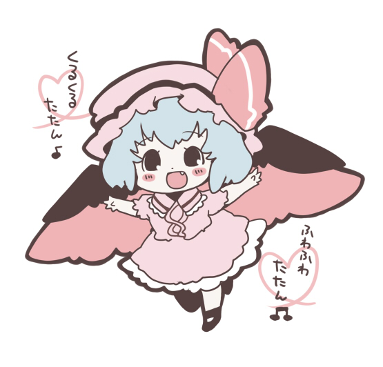 chachi, chachi (azuzu), remilia scarlet, touhou, bad id, bad pixiv id, translation request, 1girl, blue hair, chibi, fang, female focus, flat color, full body, hat, short hair, skirt, solo, white background, wings