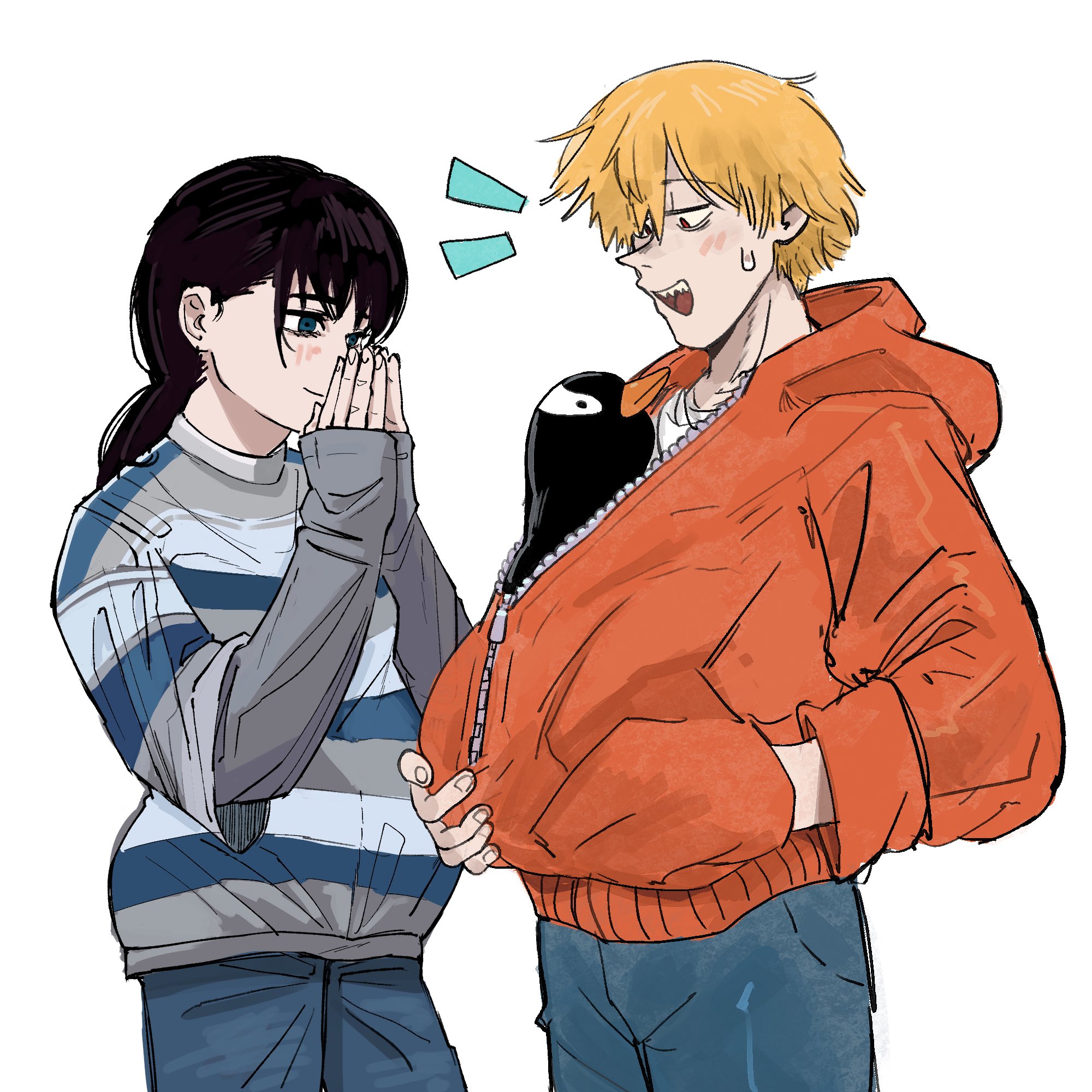 goldenpenhd, denji (chainsaw man), mitaka asa, chainsaw man, highres, 1boy, 1girl, bird, black hair, blonde hair, blue eyes, blue pants, blue sweater, closed mouth, grey sweater, jacket, long hair, multicolored sweater, notice lines, open mouth, orange jacket, pants, penguin, red eyes, simple background, smile, striped clothes, striped sweater, sweatdrop, sweater, white background, zipper, zipper pull tab
