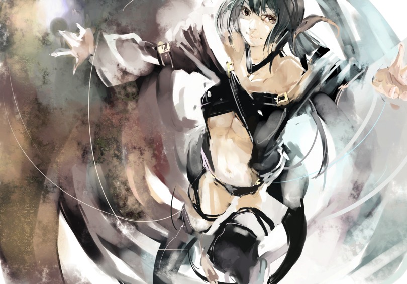 salada, dizzy (guilty gear), arc system works, guilty gear, 1girl, asymmetrical wings, blue hair, bow, breasts, female focus, hair bow, long hair, midriff, navel, red eyes, ribbon, solo, tail, tail ornament, tail ribbon, thighhighs, underboob, wings