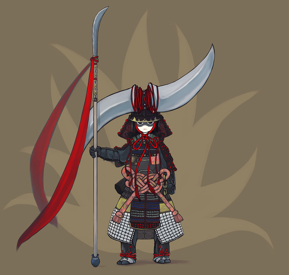 kintaro, pixiv fantasia, gender request, androgynous, armor, breastplate, chibi, completely unamused, helmet, japanese armor, jitome, kabuto (helmet), kote, kusazuri, naginata, polearm, samurai, shaded face, shoulder armor, sode, solo, suneate, tabi, unamused, weapon