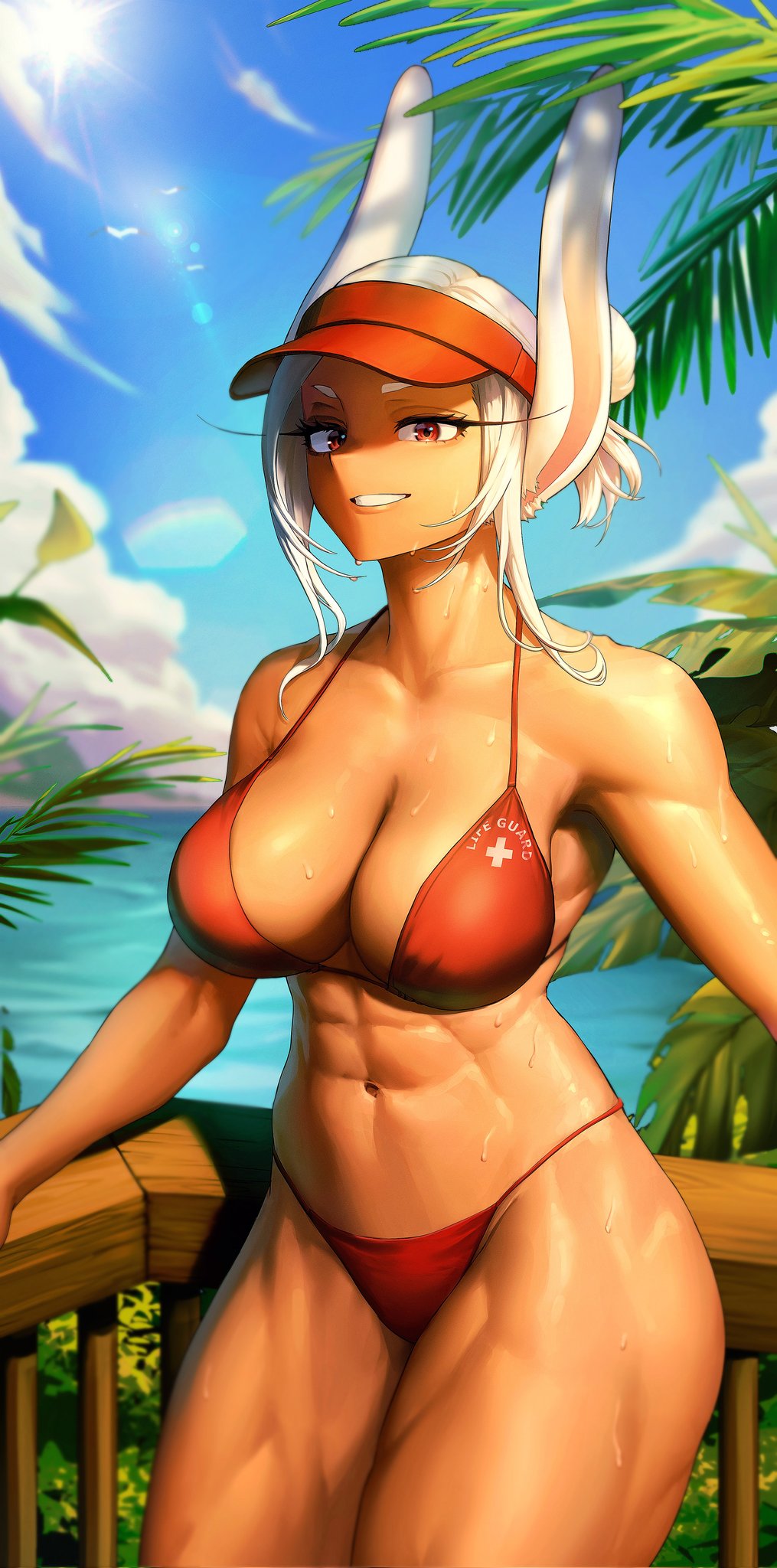 166 172, mirko, boku no hero academia, commentary, english commentary, highres, 1girl, abs, against railing, alternate costume, animal ears, bikini, blue sky, breasts, cleavage, clothes writing, cloud, cloudy sky, collarbone, dark-skinned female, dark skin, hair bun, large breasts, lifeguard, long eyelashes, long hair, looking at viewer, navel, outdoors, palm tree, parted bangs, parted lips, rabbit ears, rabbit girl, railing, red bikini, red eyes, red visor, sidelocks, sky, smile, solo, stomach, sunlight, sweat, swimsuit, thick thighs, thighs, toned, toned female, tree, water, white cross, white hair, wooden railing