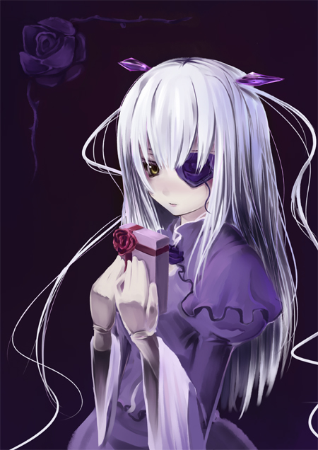 asa (swallowtail), barasuishou, rozen maiden, 00s, 1girl, blush, chocolate, dress, expressionless, eyepatch, female focus, flower, long hair, purple dress, purple flower, purple rose, rose, solo, white hair, yellow eyes