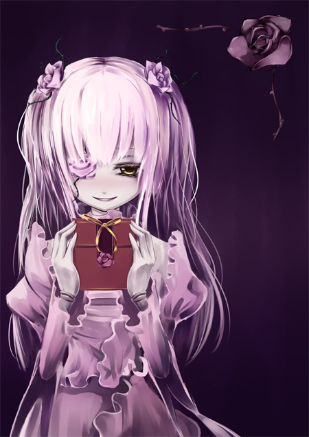asa (swallowtail), kirakishou, rozen maiden, 00s, 1girl, chocolate, dress, eyepatch, flower, frills, hair flower, hair ornament, long hair, pink dress, pink hair, pink rose, purple background, rose, smile, yellow eyes