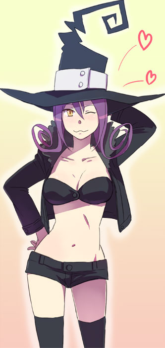 blair (soul eater), soul eater, bad id, bad pixiv id, lowres, 00s, 1girl, bandeau, female focus, hat, midriff, navel, one eye closed, purple hair, short shorts, shorts, solo, strapless, thighhighs, tube top, wink, witch hat