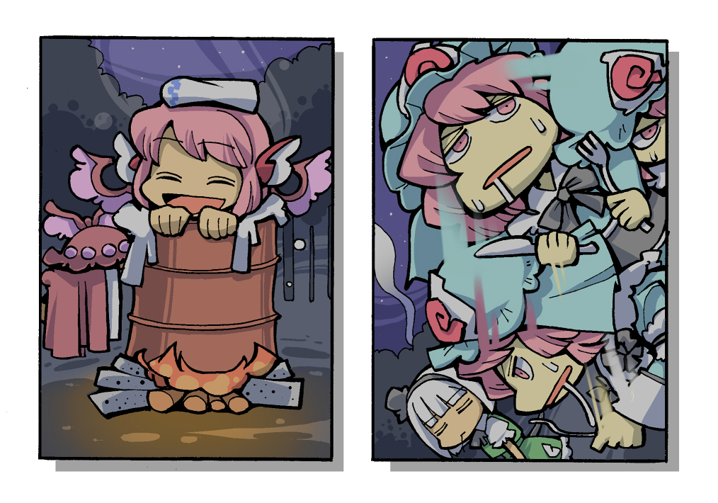 hounori, konpaku youmu, mystia lorelei, saigyouji yuyuko, touhou, silver hair, bad id, bad pixiv id, 3girls, animal ears, barrel, bath, bathing, chibi, drooling, drum (container), female focus, fork, hat, in container, knife, multiple girls, pink eyes, pink hair, saliva, same-sex bathing, shared bathing, smile, unworn hat, unworn headwear, wings