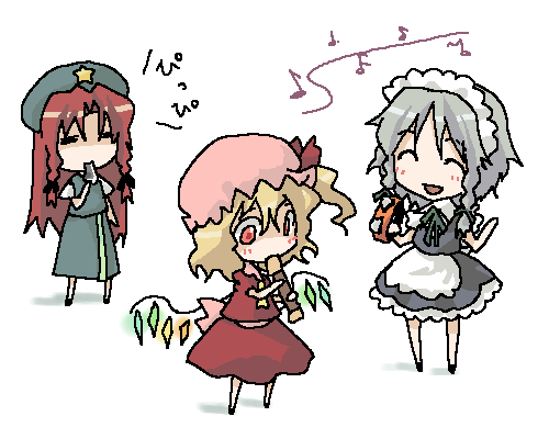 kintaro, flandre scarlet, hong meiling, izayoi sakuya, embodiment of scarlet devil, touhou, silver hair, lowres, 3girls, blonde hair, chibi, female focus, flute, instrument, maid, multiple girls, musical note, recorder, red eyes, red hair, simple background, skirt, tambourine, vampire, whistle, white background, wings