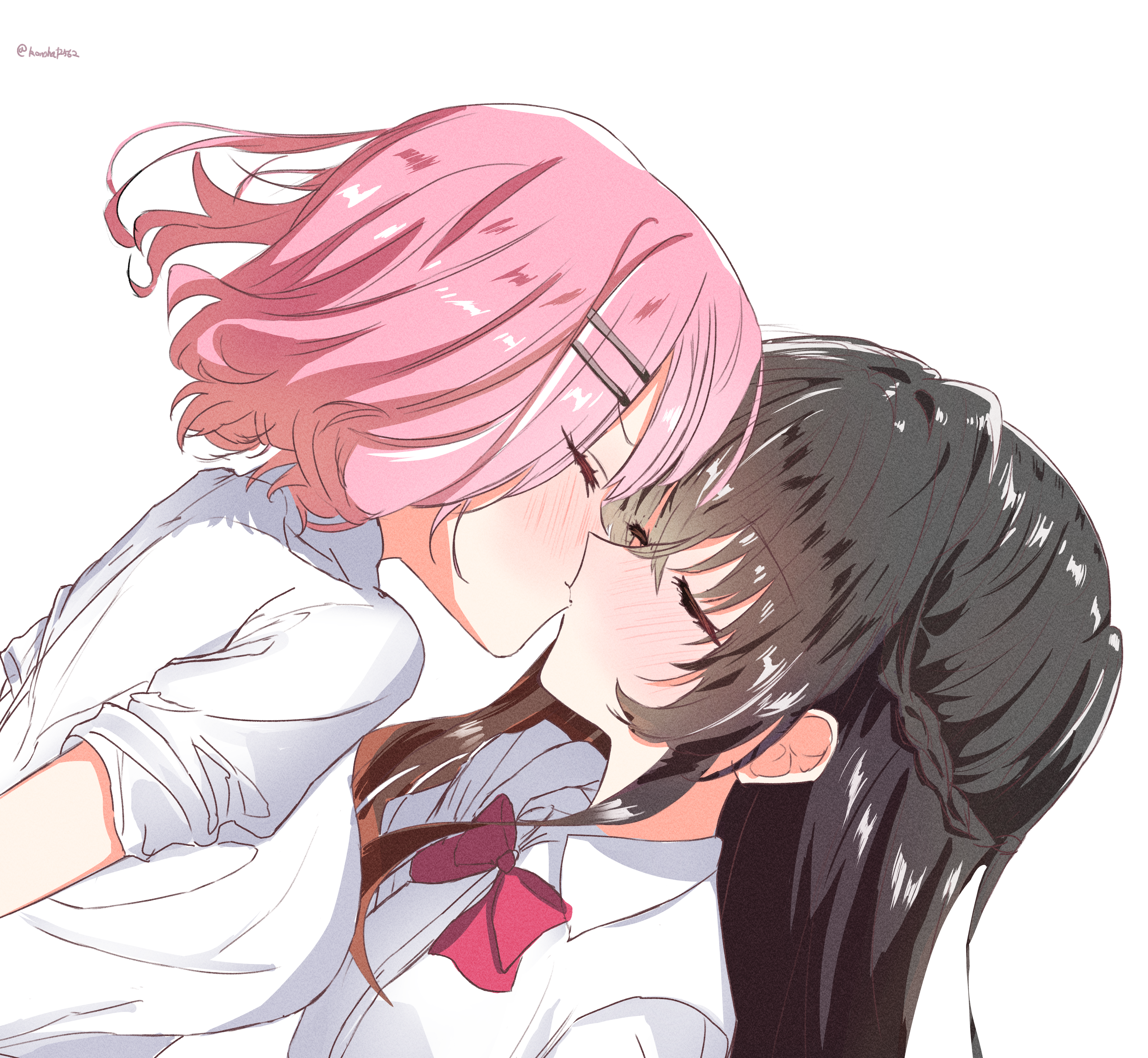 konoha12562, amaori renako, koto satsuki, watashi ga koibito ni nareru wake naijan murimuri!, absurdres, commentary, highres, 2girls, black hair, blush, bow, bowtie, braid, closed eyes, collared shirt, dated commentary, half up braid, kiss, medium hair, multiple girls, nervous sweating, pink hair, red bow, red bowtie, shirt, simple background, sweat, white background, white shirt, yuri