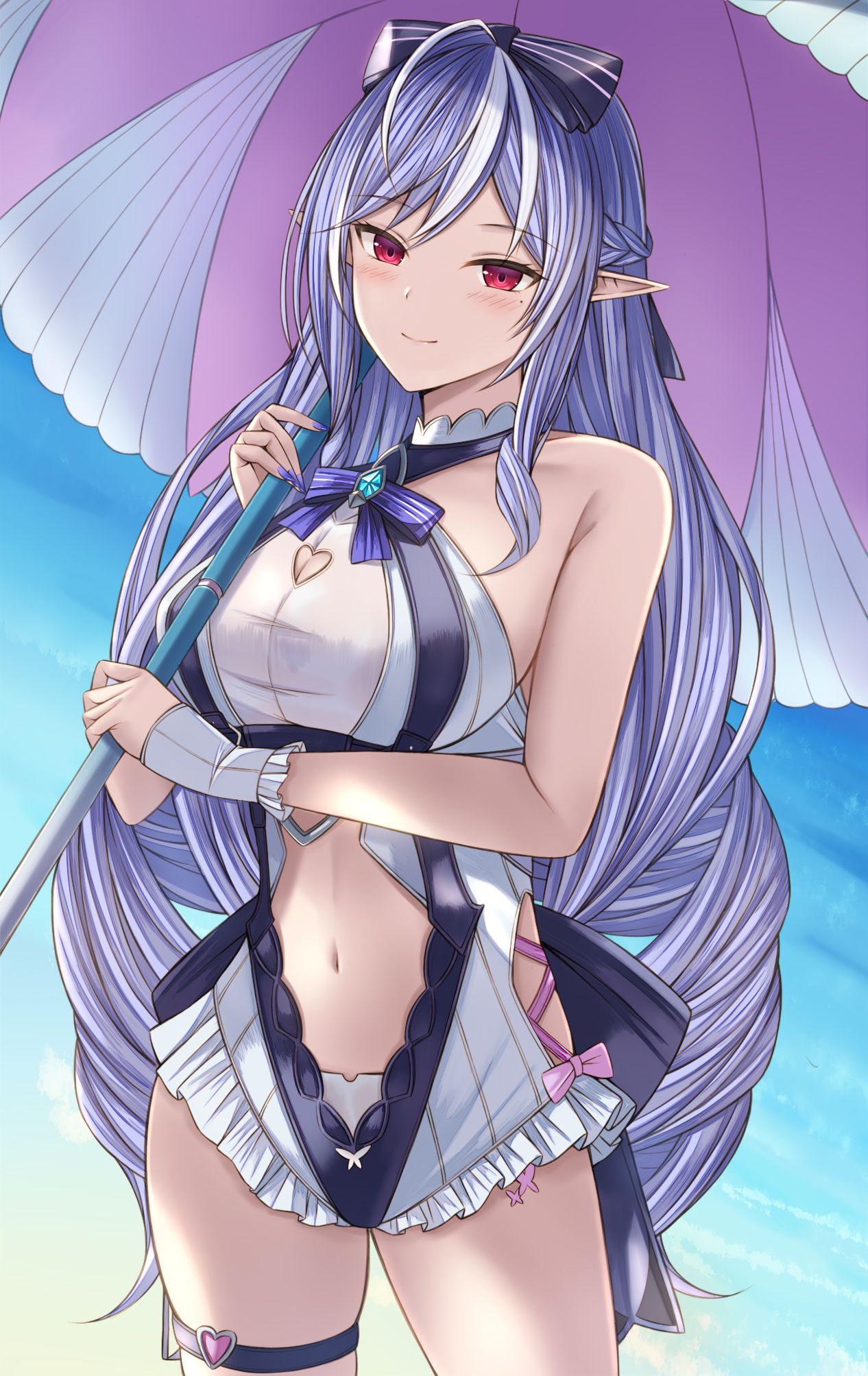 kanpyou (hghgkenfany), vivian banshee, vivian banshee (iris of the shore), zenless zone zero, highres, 1girl, breasts, closed mouth, clothing cutout, frilled one-piece swimsuit, frills, heart, heart o-ring, holding, holding umbrella, looking at viewer, medium breasts, mole, mole under eye, multicolored hair, navel, o-ring, o-ring thigh strap, official alternate costume, one-piece swimsuit, pointy ears, purple hair, red eyes, smile, solo, stomach cutout, streaked hair, swimsuit, thigh strap, umbrella, white hair, white one-piece swimsuit