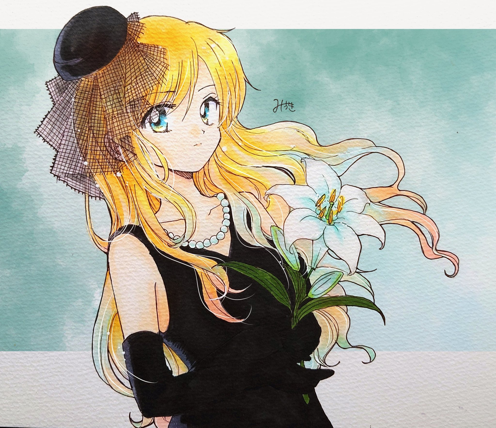 fukatsuki mizuki, character request, commentary request, copyright request, highres, painting (medium), traditional media, watercolor (medium), black dress, black gloves, black hat, blonde hair, collarbone, dress, elbow gloves, flower, gloves, hat, holding, holding flower, jewelry, lily (flower), long hair, looking at viewer, necklace, pearl necklace, signature, sleeveless, sleeveless dress, white flower