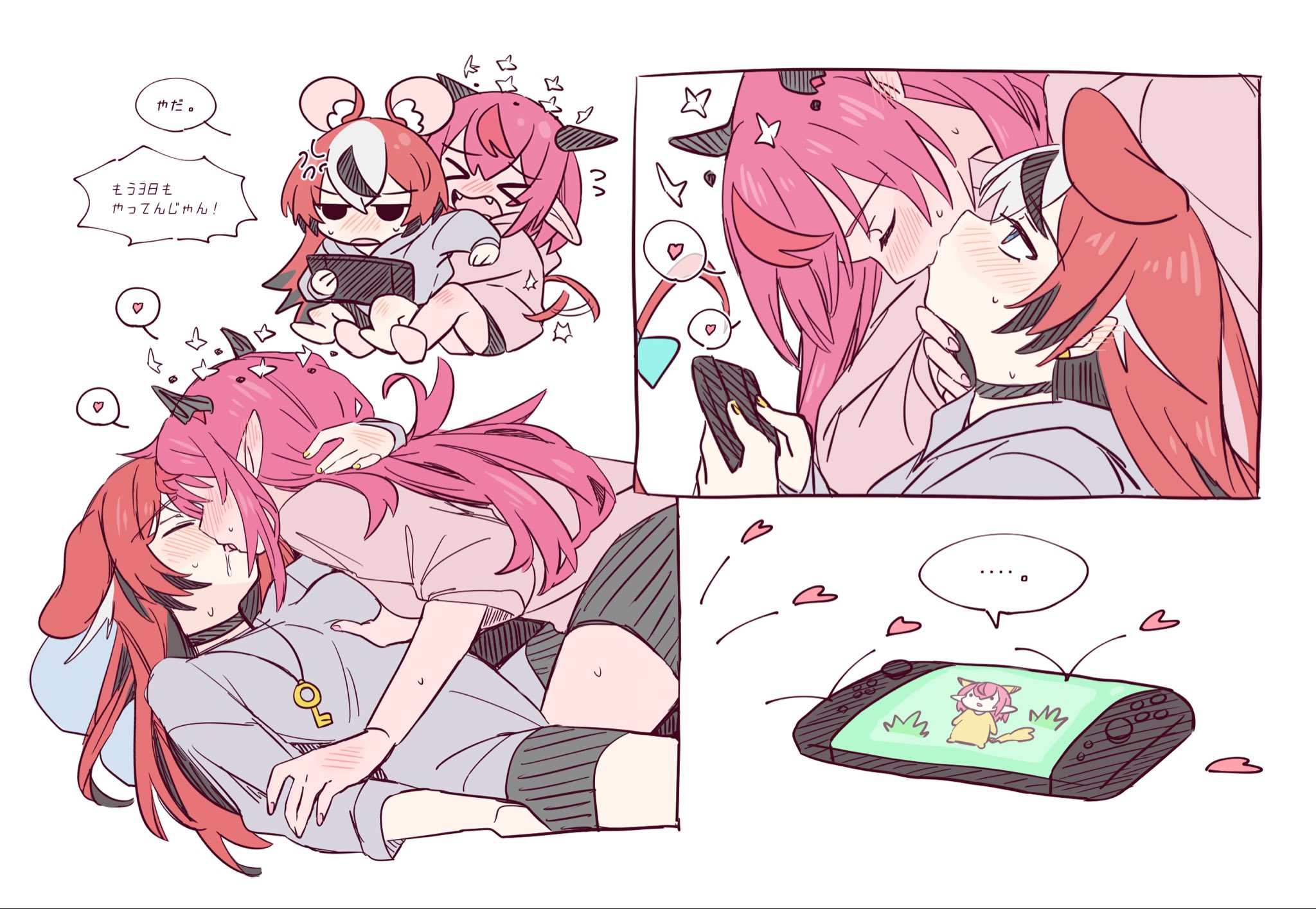 ramphastostella, hakos baelz, irys (hololive), hololive, hololive english, commentary request, highres, > <, 2girls, animal ears, black choker, black shorts, black streaks, blue eyes, blush, choker, closed eyes, ear blush, fangs, flying sweatdrops, french kiss, grey hoodie, halo, heart, hood, hoodie, horns, kiss, long hair, mouse ears, mouse girl, mouse tail, multiple girls, pink hair, pink hoodie, pointy ears, red hair, saliva, shorts, spoken heart, tail, virtual youtuber, white streaks, yuri