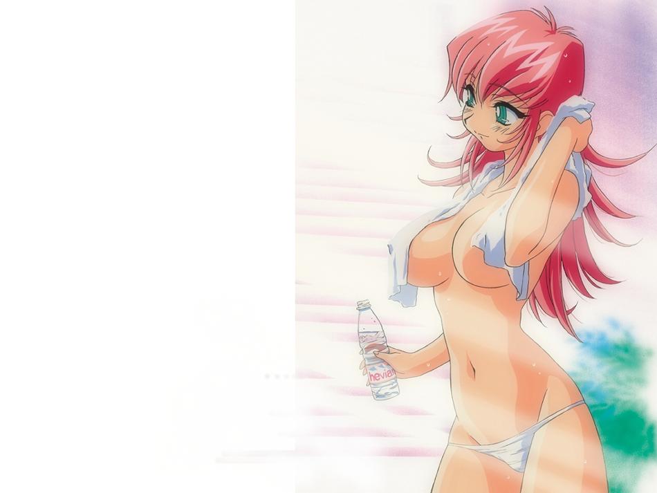 raika grace, viper (series), viper f40, shower, 1girl, aqua eyes, blush, bottle, breasts, covered erect nipples, female focus, green eyes, large breasts, long hair, lowleg, lowleg panties, navel, panties, pink hair, smile, solo, standing, topless female, towel, underwear, underwear only, water bottle, wet, white panties