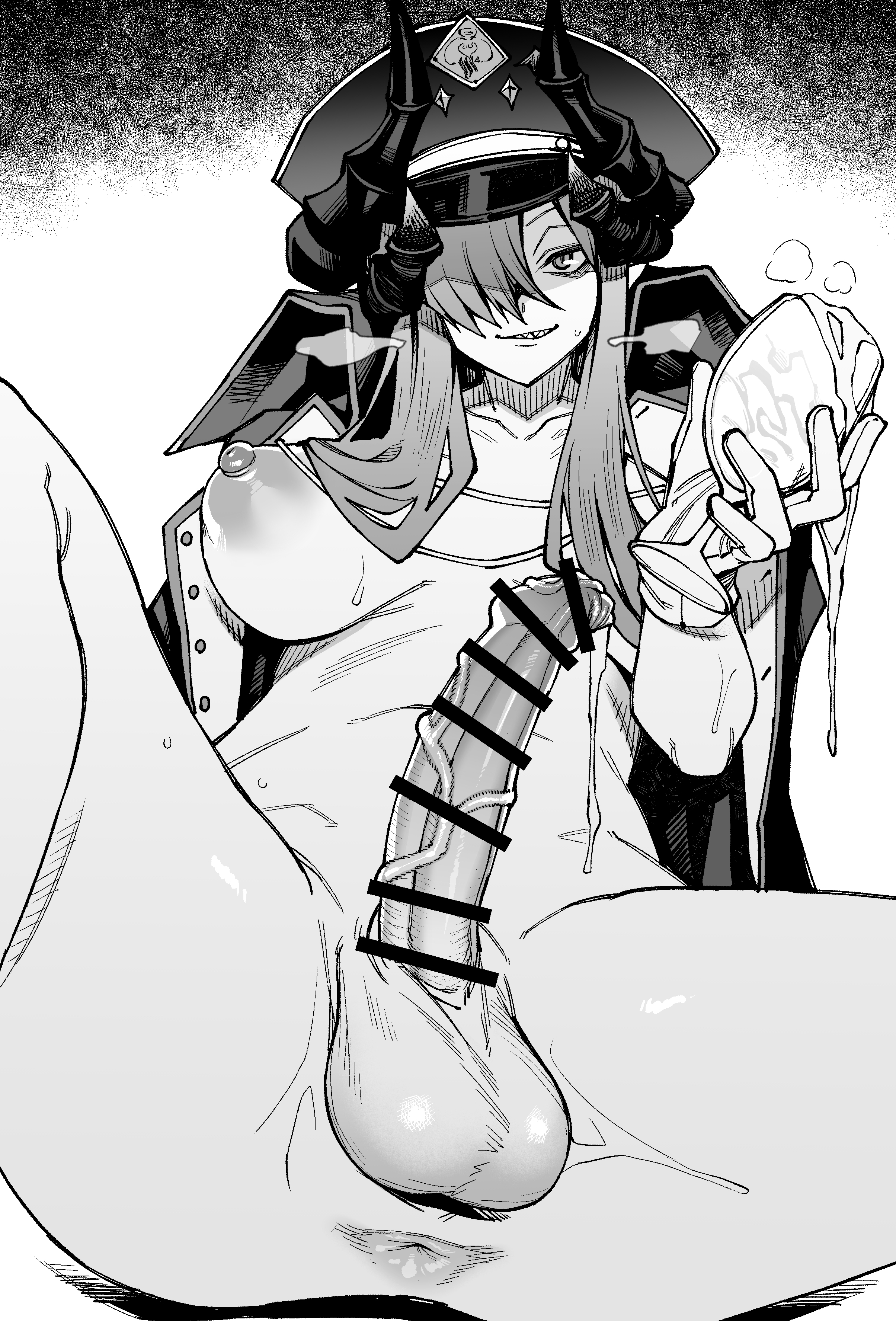 kaauchi, makoto (blue archive), blue archive, absurdres, commentary request, highres, 1girl, anus, bar censor, breasts, censored, coat, coat on shoulders, cum, cum in container, cum in cup, cup, drinking glass, erection, foreskin, futanari, gloves, greyscale, grin, hair over one eye, hand up, hat, holding, holding cup, horns, large breasts, large penis, long hair, monochrome, multiple horns, nipples, peaked cap, penis, phimosis, sitting, smile, solo, veins, veiny penis