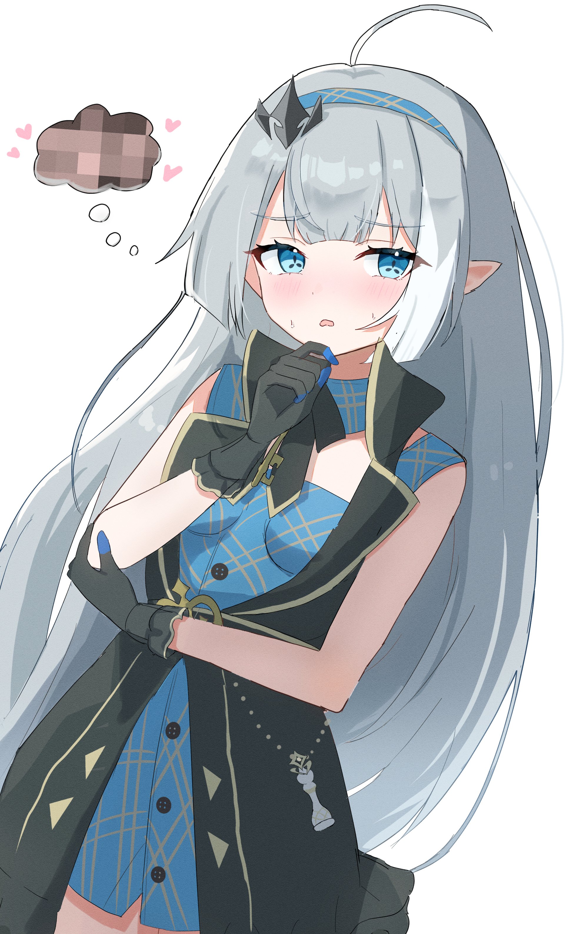 female tyrant (stella sora), stella sora, absurdres, commentary request, highres, variant set, 1girl, ahoge, aroused, bare arms, belt, black belt, black gloves, black ribbon, black vest, blue eyes, blue hairband, blunt sidelocks, blush, breasts, breasts apart, button dress, buttons, censored, censored thought, center-flap bangs, chess piece, coat dress, cowboy shot, detached collar, dot nose, dress, facing viewer, frilled gloves, frills, furrowed brow, gloves, grey hair, hair ornament, hairband, hand on own chin, hand on own elbow, heart, imagining, key, lapels, long hair, looking to the side, mosaic censoring, multicolored hair, nanatsushi, neck ribbon, nervous sweating, nose blush, notched lapels, open clothes, open mouth, open vest, parted lips, plaid clothes, plaid dress, plaid hairband, pointy ears, ribbon, sidelocks, simple background, sleeveless, sleeveless dress, small breasts, solo, speech bubble, standing, straight hair, streaked hair, stroking own chin, sweat, symbol in eye, thought bubble, two-tone hair, tyrant (stella sora), very long hair, vest, white background, white streaks