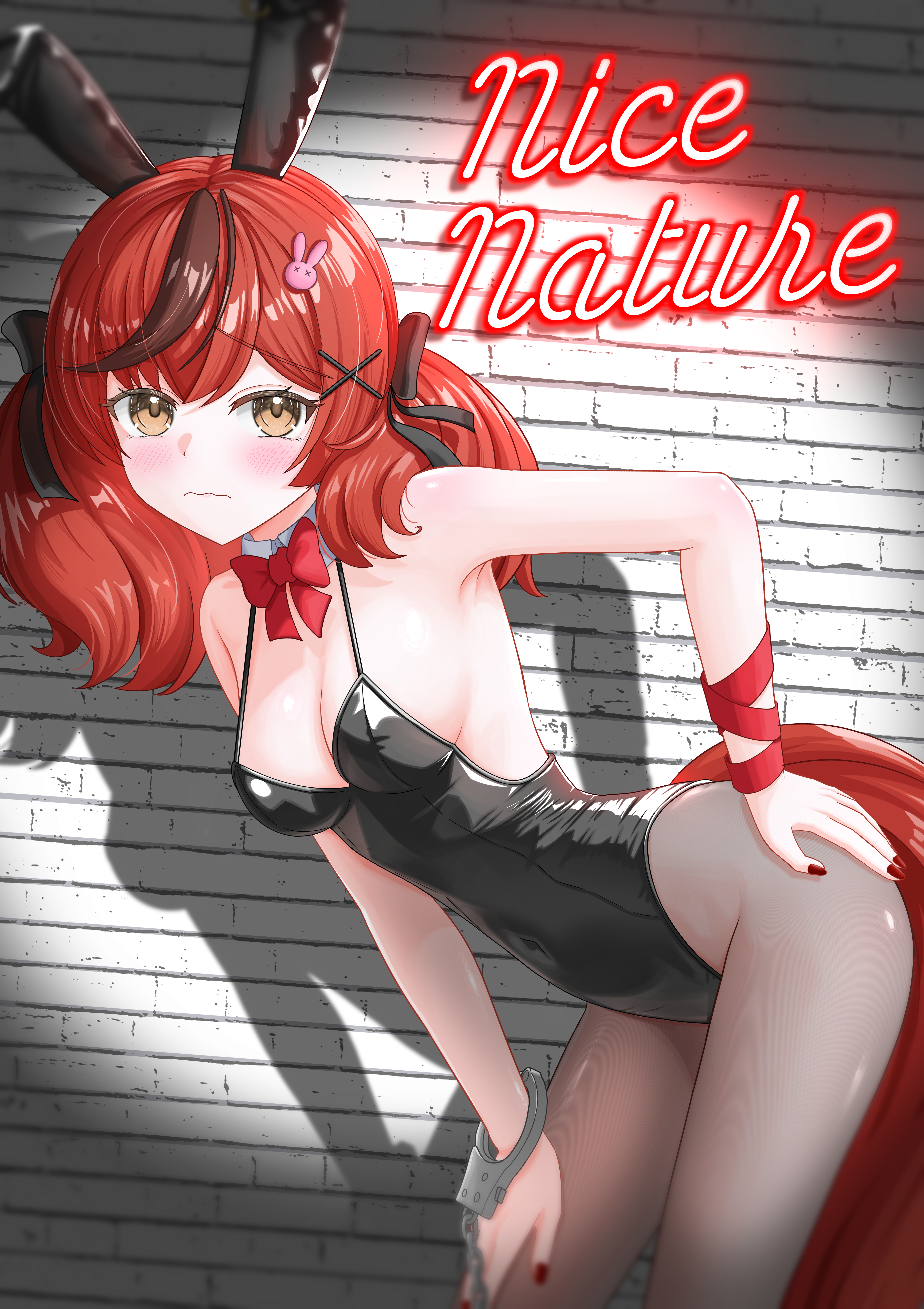 gamel 120, nice nature (umamusume), umamusume, absurdres, commentary request, highres, 1girl, alternate costume, animal ears, bare shoulders, black hair, black leotard, black nails, black pantyhose, black streaks, blush, bow, bowtie, breasts, brown eyes, brown hair, character name, cleavage, detached collar, fake animal ears, fingernails, hair ornament, horse ears, horse girl, horse tail, leotard, long hair, looking at viewer, nail polish, pantyhose, rabbit ears, rabbit hair ornament, red bow, red bowtie, red ribbon, ribbon, single handcuff, small breasts, solo, spotlight, tail, twintails, wrist ribbon, x hair ornament