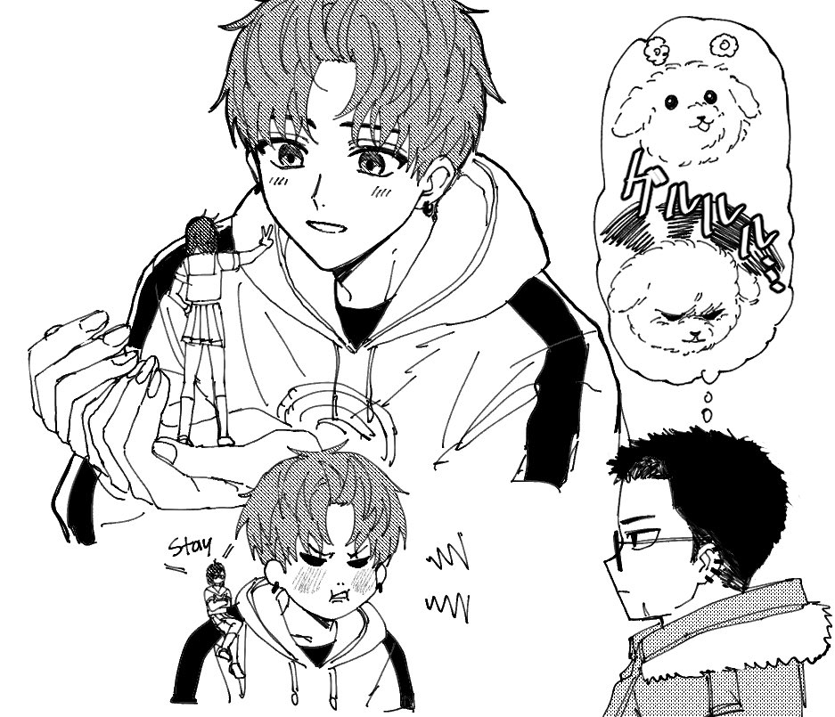 ayase momo, enjoji jin, zuma unji, dandadan, 1girl, 2boys, black hair, blush, crossed arms, crossed legs, dog, earrings, facial scar, fur-trimmed jacket, fur trim, furrowed brow, glasses, greyscale, hand on own hip, hood, hood down, hoodie, image in thought bubble, in palm, jacket, jewelry, light blush, looking at another, medium hair, monochrome, multiple boys, multiple views, parted bangs, parted lips, pleated skirt, rotomem, scar, scar on cheek, scar on face, school uniform, short hair, short sleeves, sitting on shoulder, skirt, smile, socks, standing, upper body, v, white background