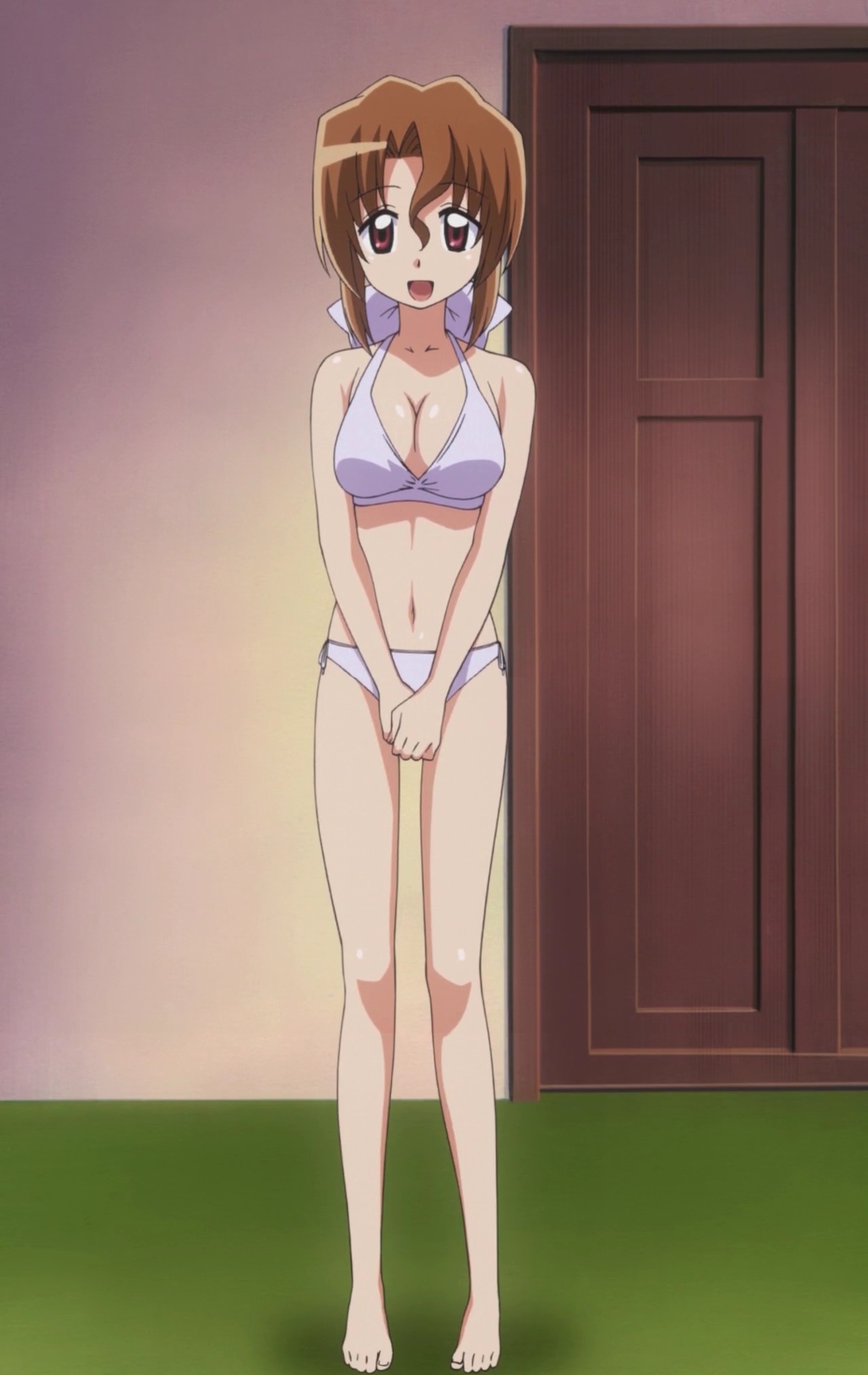 maria (hayate no gotoku!), hayate no gotoku!, anime screenshot, highres, stitched, third-party edit, 00s, 1girl, barefoot, bikini, breasts, brown hair, cleavage, feet, female focus, happy, purple eyes, side-tie bikini bottom, solo, standing, swimsuit