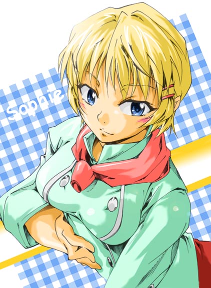 umanosuke, sophie balzac kirisaki, yakitate!! japan, uniform, 00s, 1girl, blonde hair, blue eyes, breasts, female focus, large breasts, short hair, solo