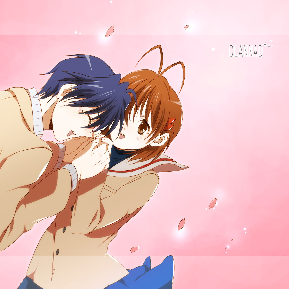 yukimitsuki, furukawa nagisa, okazaki tomoya, clannad, bad id, bad pixiv id, highres, 00s, antenna hair, blue hair, brown eyes, brown hair, cherry blossoms, closed eyes, holding hands, petals, school uniform, short hair