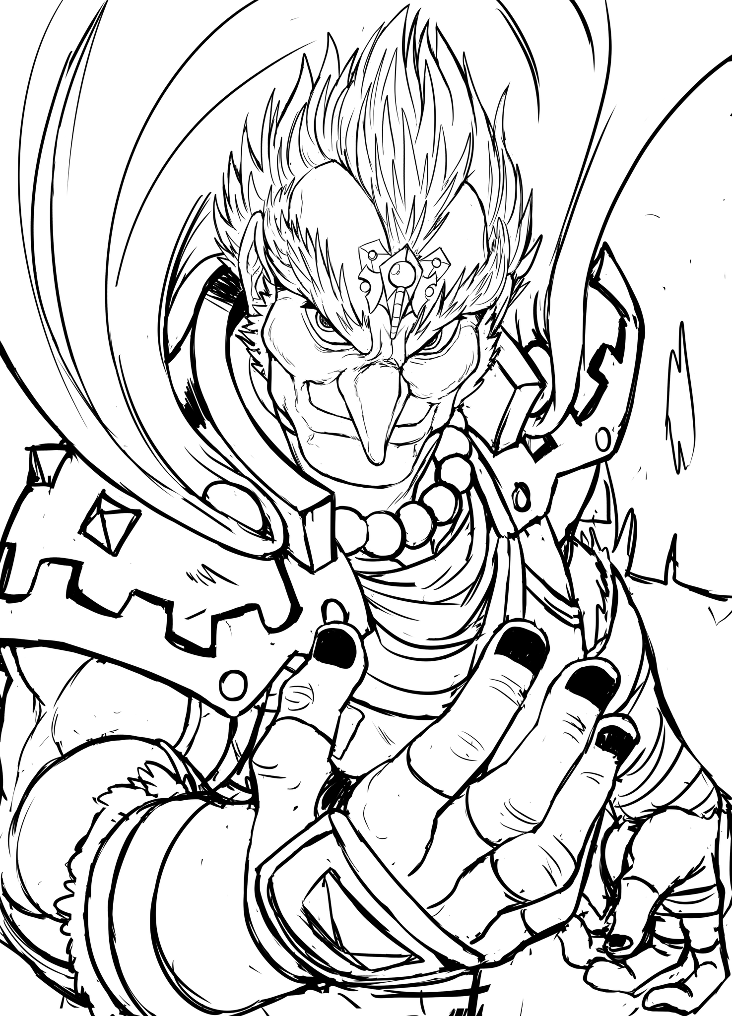 teevo, ganondorf, nintendo, the legend of zelda, the legend of zelda: ocarina of time, 1boy, cape, gerudo, large nose, pointy nose, sideburns, sketch, widow's peak